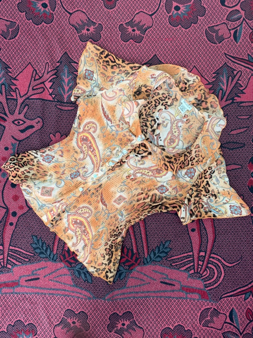 NICOLA Paisley & Leopard Mixed-Print Blouse in Tan and Blue Accents